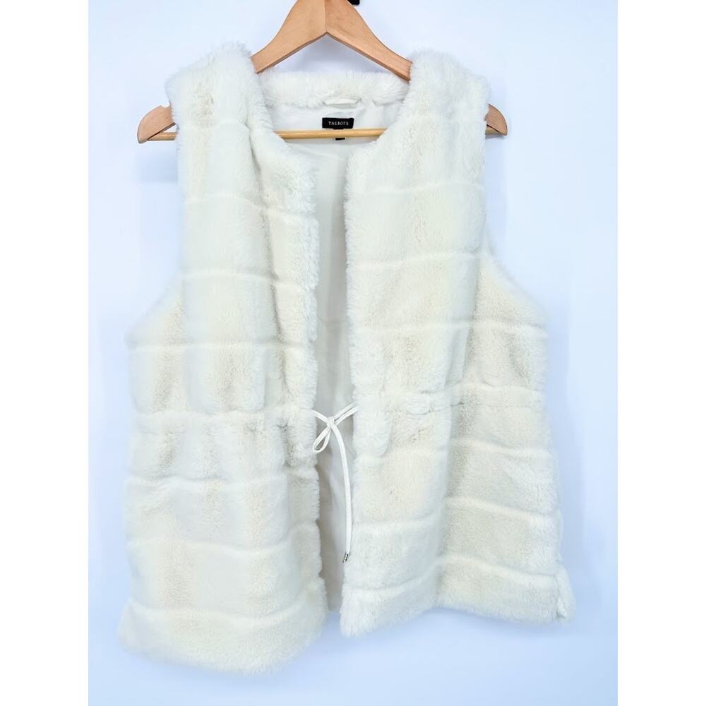 Talbots Ivory Tie Faux Fur Vest Size Medium Mob Wife Luxury Snow Bunny Outdoor